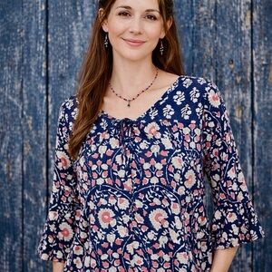 Vintage Lucky Brand Boho Chic Floral Top Coral, Blue & White